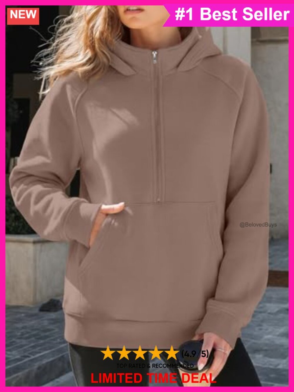 Half Zip Hoodie Pullover Sweatshirt Cotton Polyester Pockets Long Sleeve - Picture 2 of 6